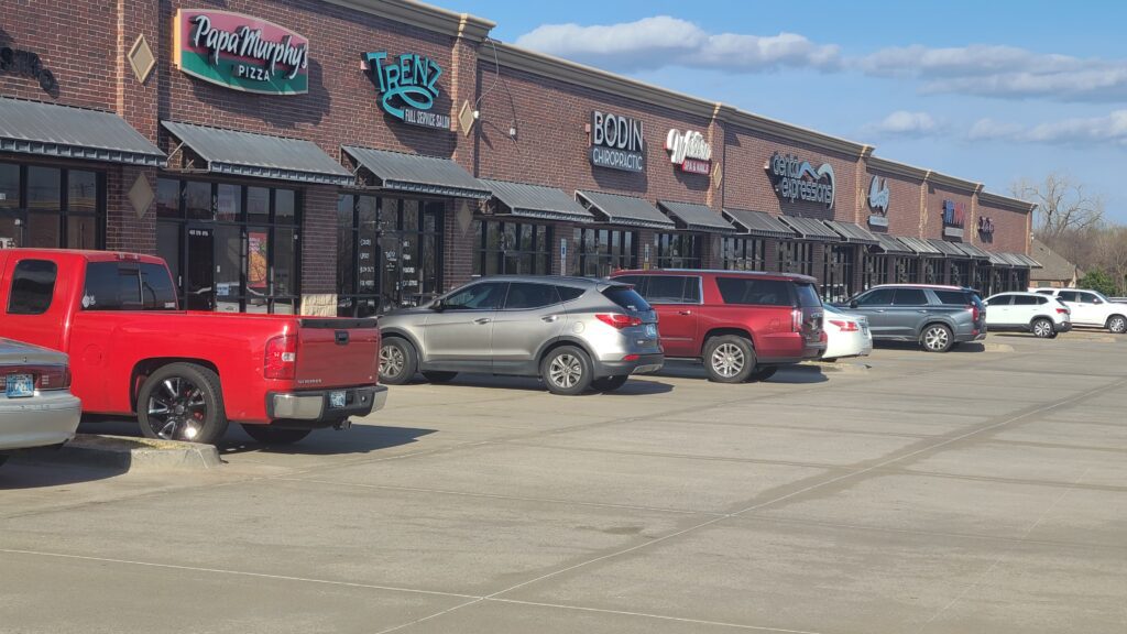 A row of parked cars in front of various storefronts on a sunny day.