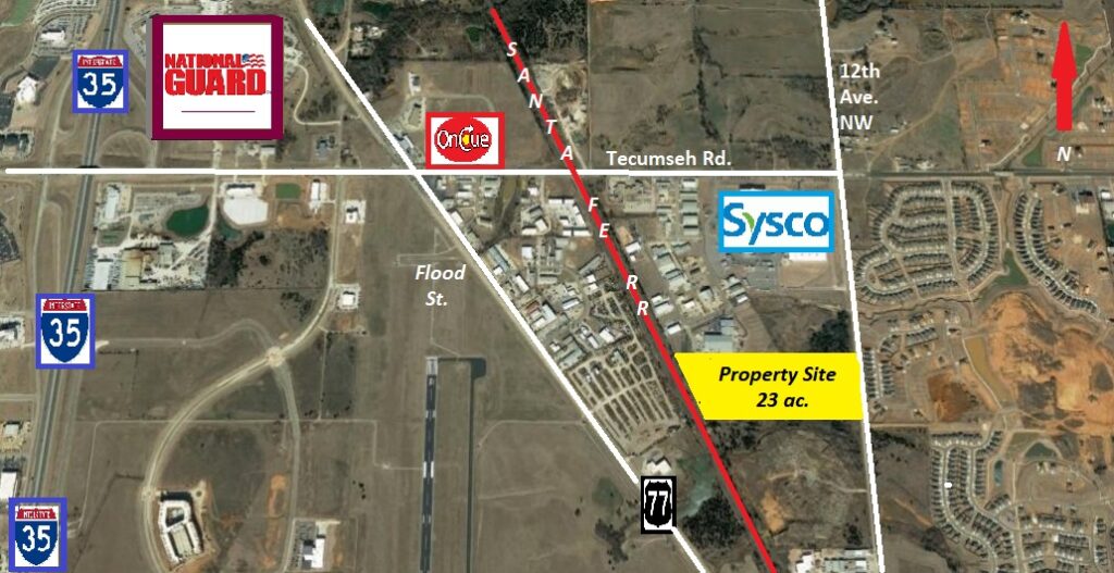 Aerial map showing a 23-acre property site near major roads and landmarks.